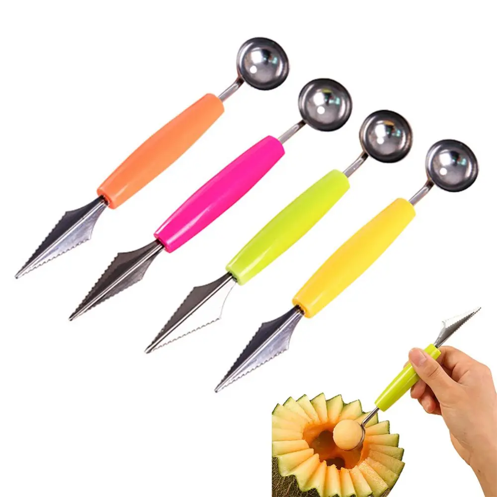 4PCS Fruit Carving Cutters Digging Ball Spoon Stainless Steel Double Head Fruit Cutter Salad Scoop for Fruit Ice Cream Kitchen Accessories