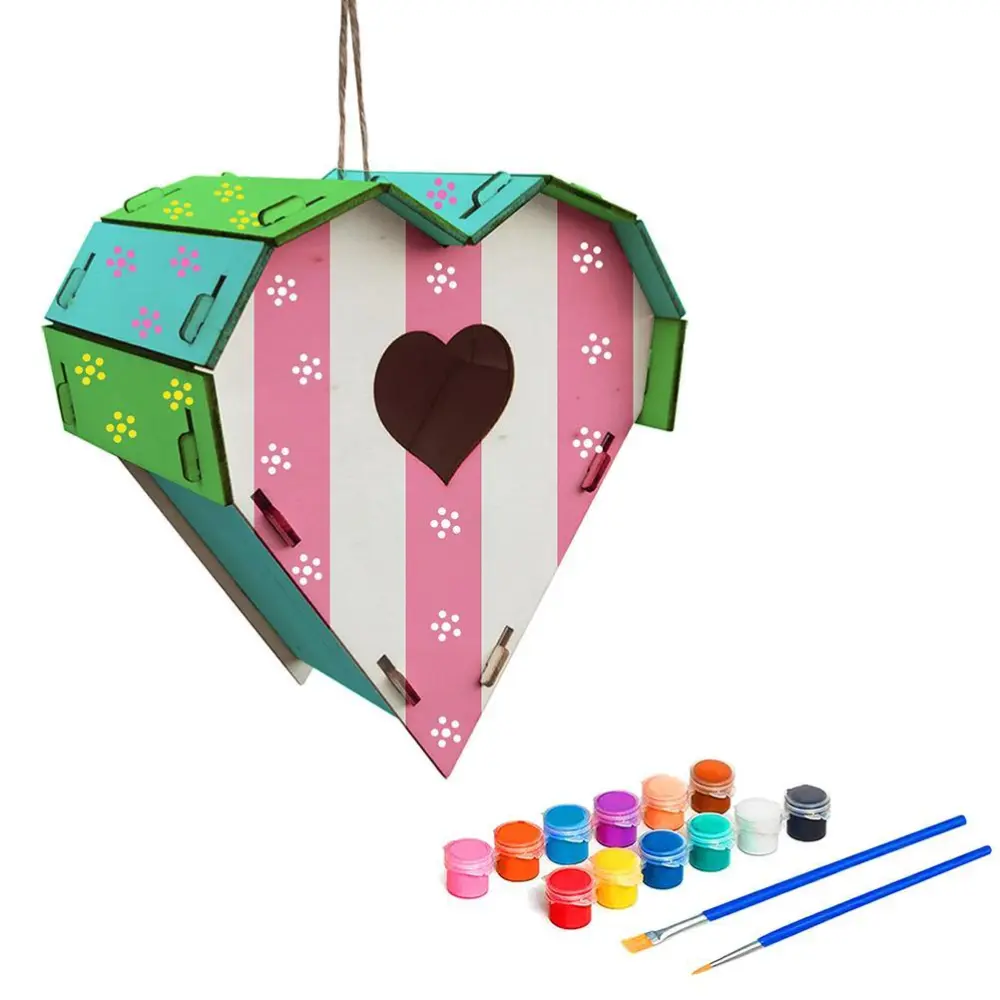 Wood Birds Nest Box DIY Nest Box Bird House Kit Painting Bird House Art Craft for Children