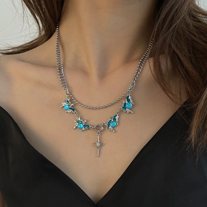 Blue Moonstone Cross Asterism Necklace For Women