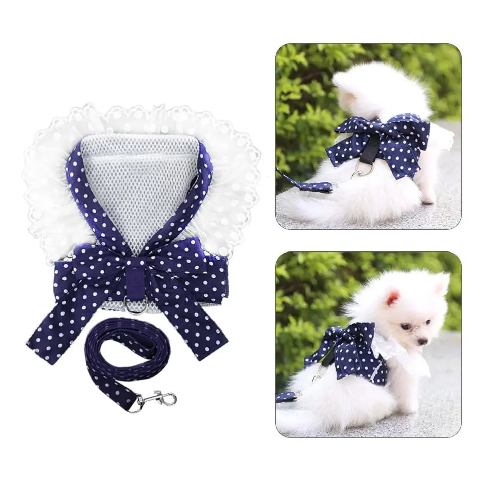 Dog Cat Bow Chest Harness Leash Comfortable Puppy Small Dogs Harnesses Vest for Party Shopping Navy Blue 2XL