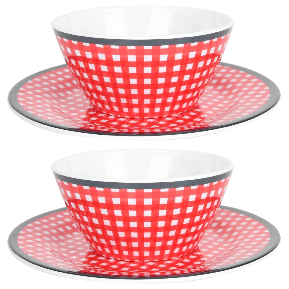 AB06010+BT009 4pcs Tableware Set Imitation Porcelain Plate Bowl Red Grid Salad Bowl Kit