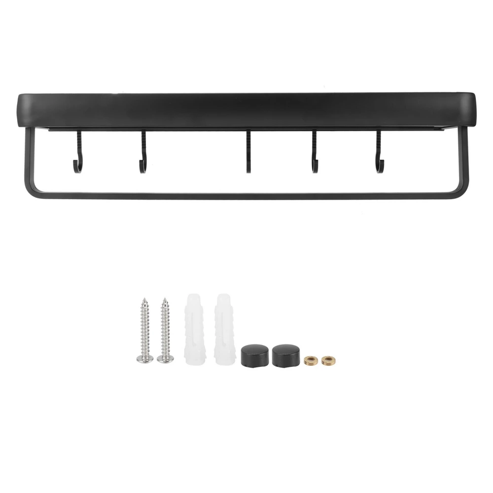 50cm Multifunctional Wall Mounted Kitchen Shelving Bathroom Storage Rack Bottle Holder(SingleLayer with Bar and 5 Hook )