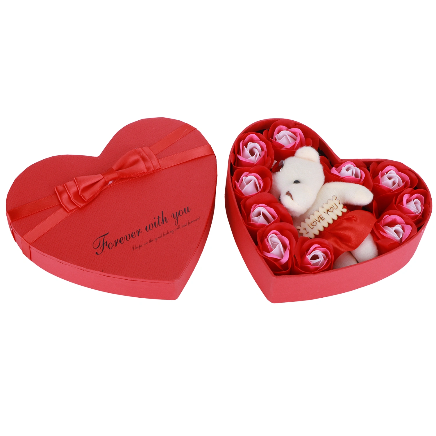 Artificial Rose Flower with Bears Gift Box Soap Flowers for Birthday Valentine's DayMixed Red