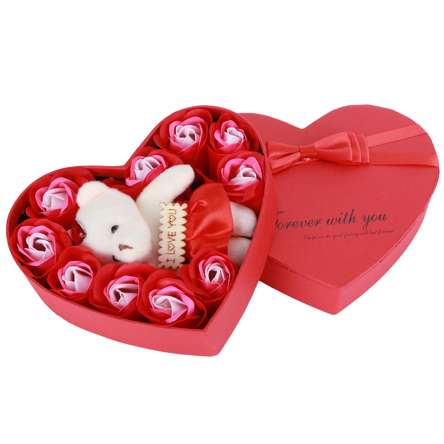 Artificial Rose Flower with Bears Gift Box Soap Flowers for Birthday Valentine's DayMixed Red