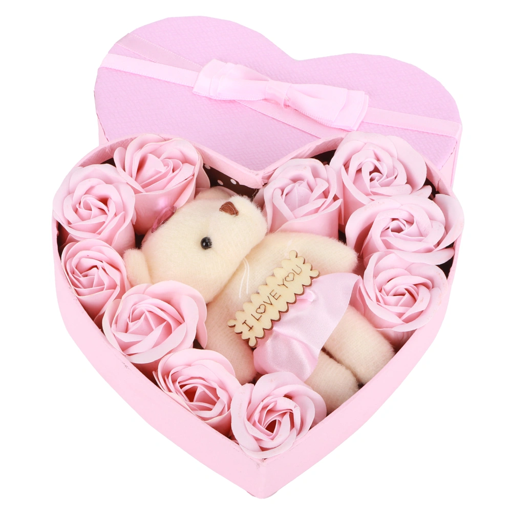 Artificial Rose Flower with Bears Gift Box Soap Flowers for Birthday Valentine's DayPink