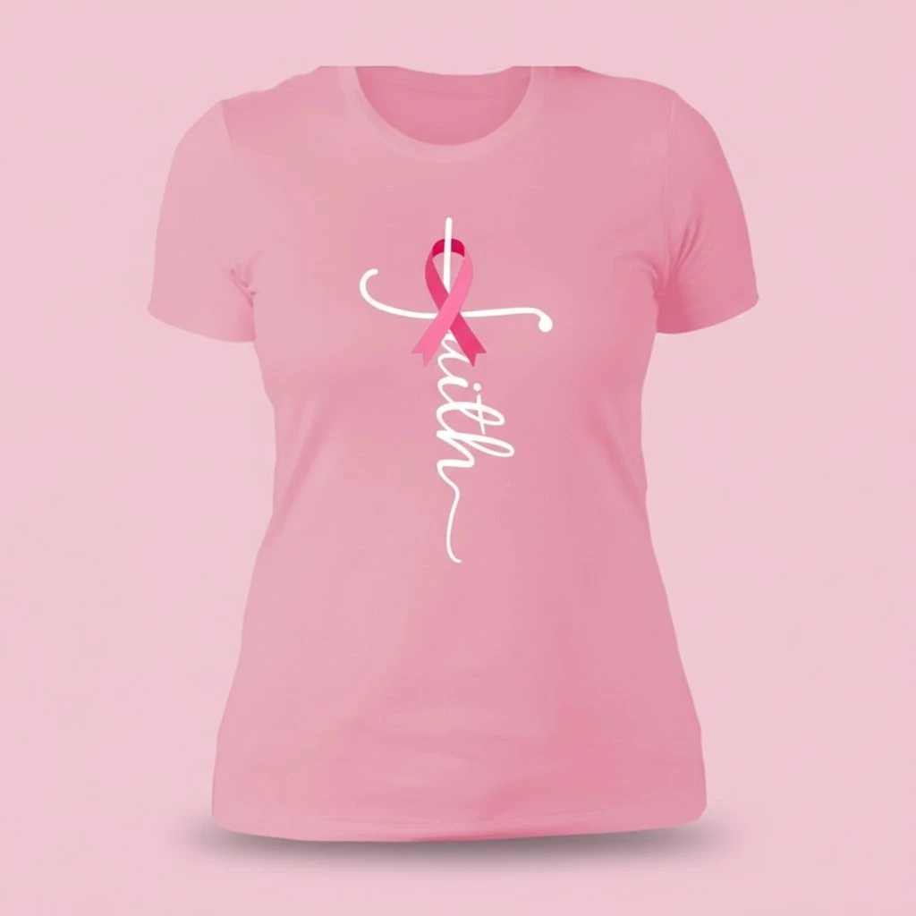 European And American Pink Ribbon Digital Printing Casual Round Neck T-shirt
