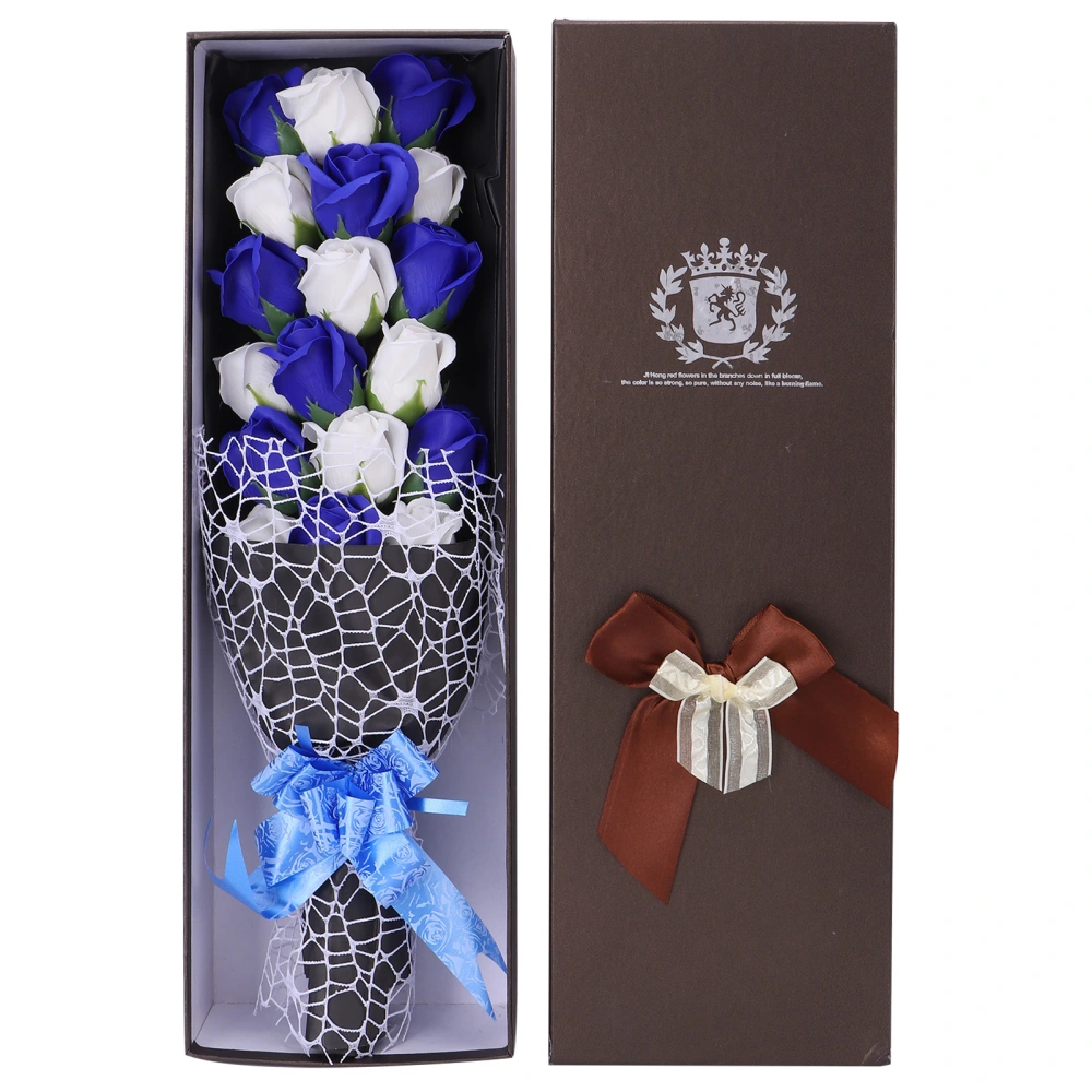 Soap Flower Innovative Artificial Rose Bouquet Gift Wedding Valentine's Day Festive GiftBlue and White + Box