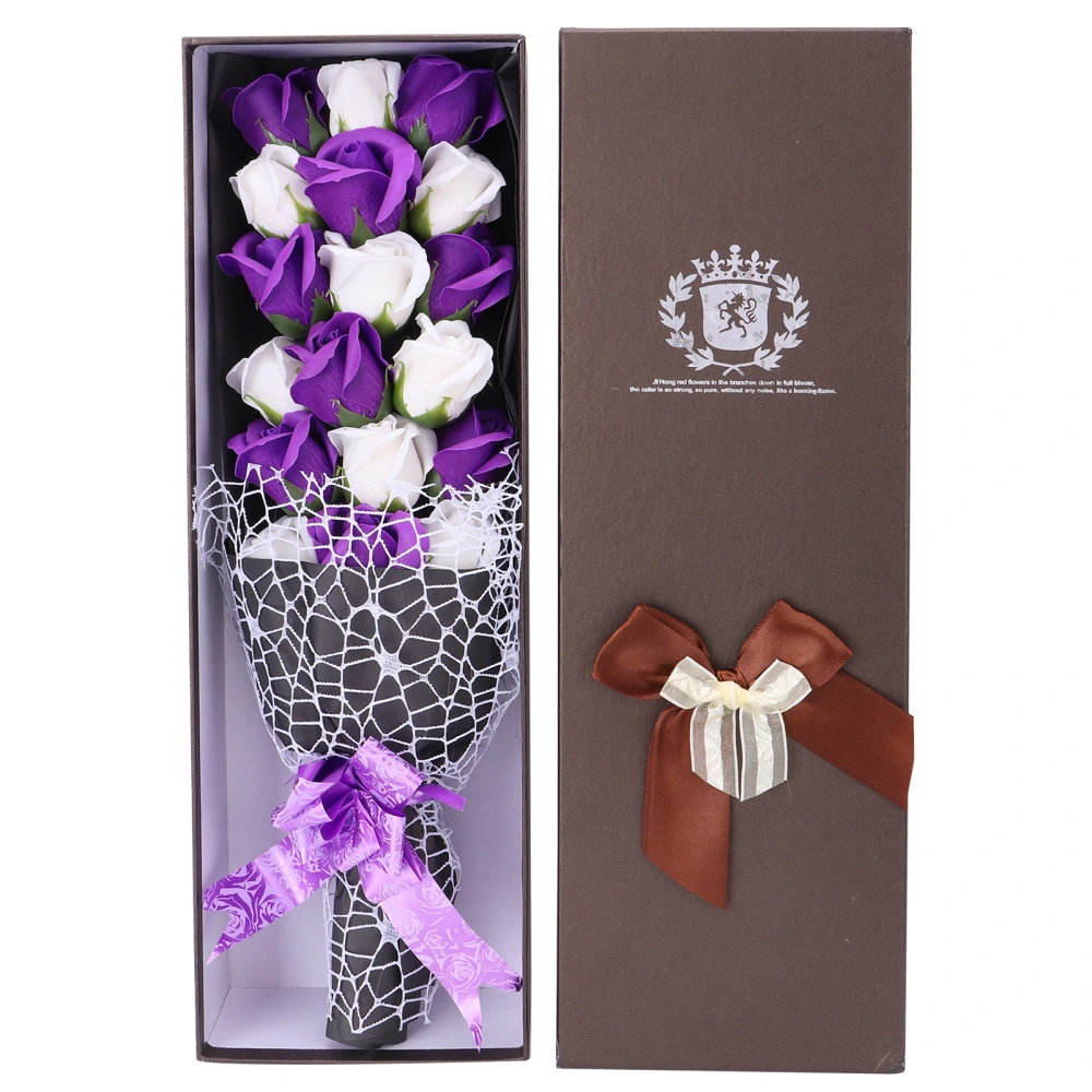 Soap Flower Innovative Artificial Rose Bouquet Gift Wedding Valentine's Day Festive GiftPurple and White + Box