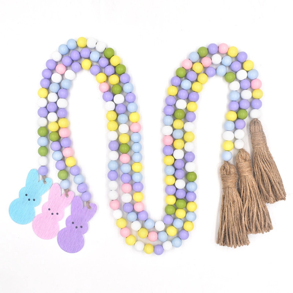 3PCS Easter Wood Beads Wreath with Tassels Rabbit Colorful Wooden Beads Garland Wall Hanging Decor for Bedroom Living Room