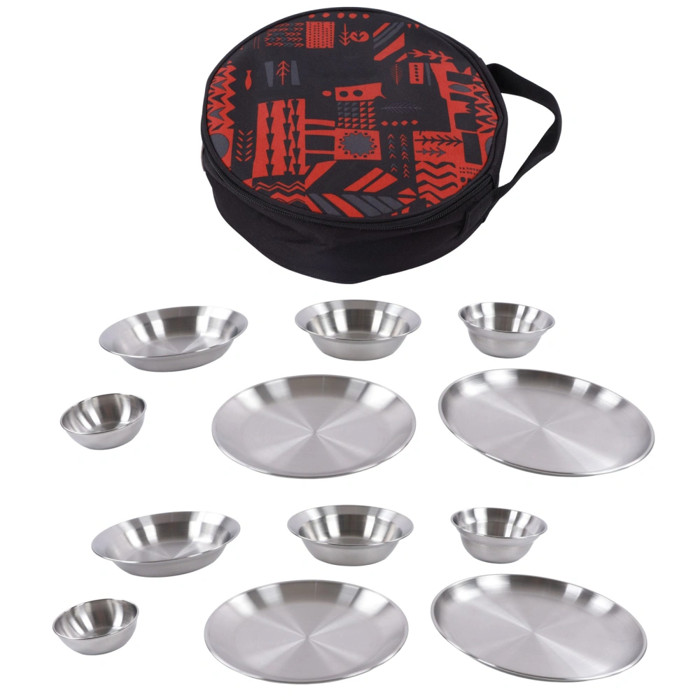 12pcs Camping Dinnerware Set Stainless Steel Camping Plates Bowls Set with Storage Bag for Outdoor Hiking Camping