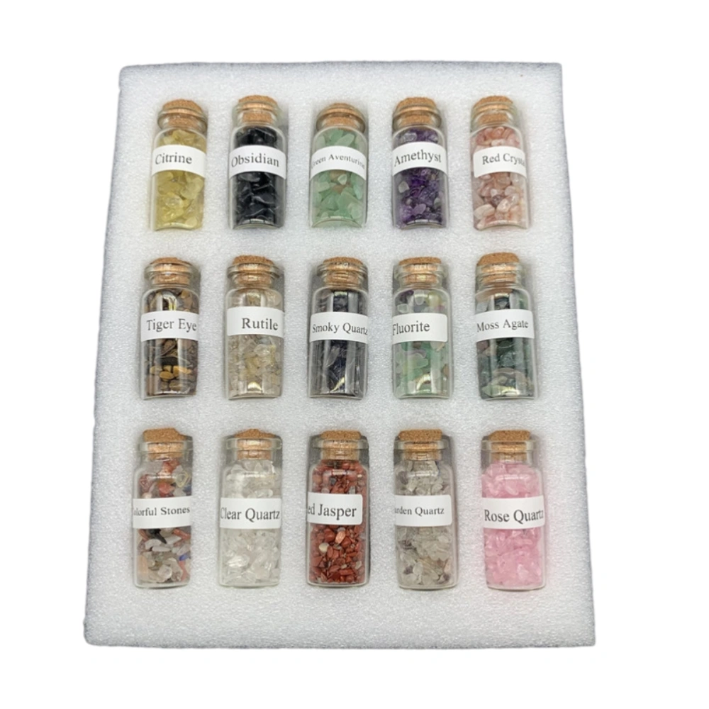 15Pcs Mini Wishing Bottles Chip Stone Set Crystal Tumbled Reiki Stones Collection Gift Home Decor