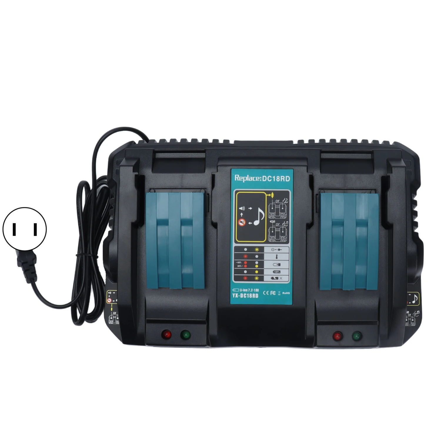 18V Dual Port Lithium Battery Charger Fast Charger Replacement for DC18RD Li Ion Battery 100-240VUS Plug 110‑220V