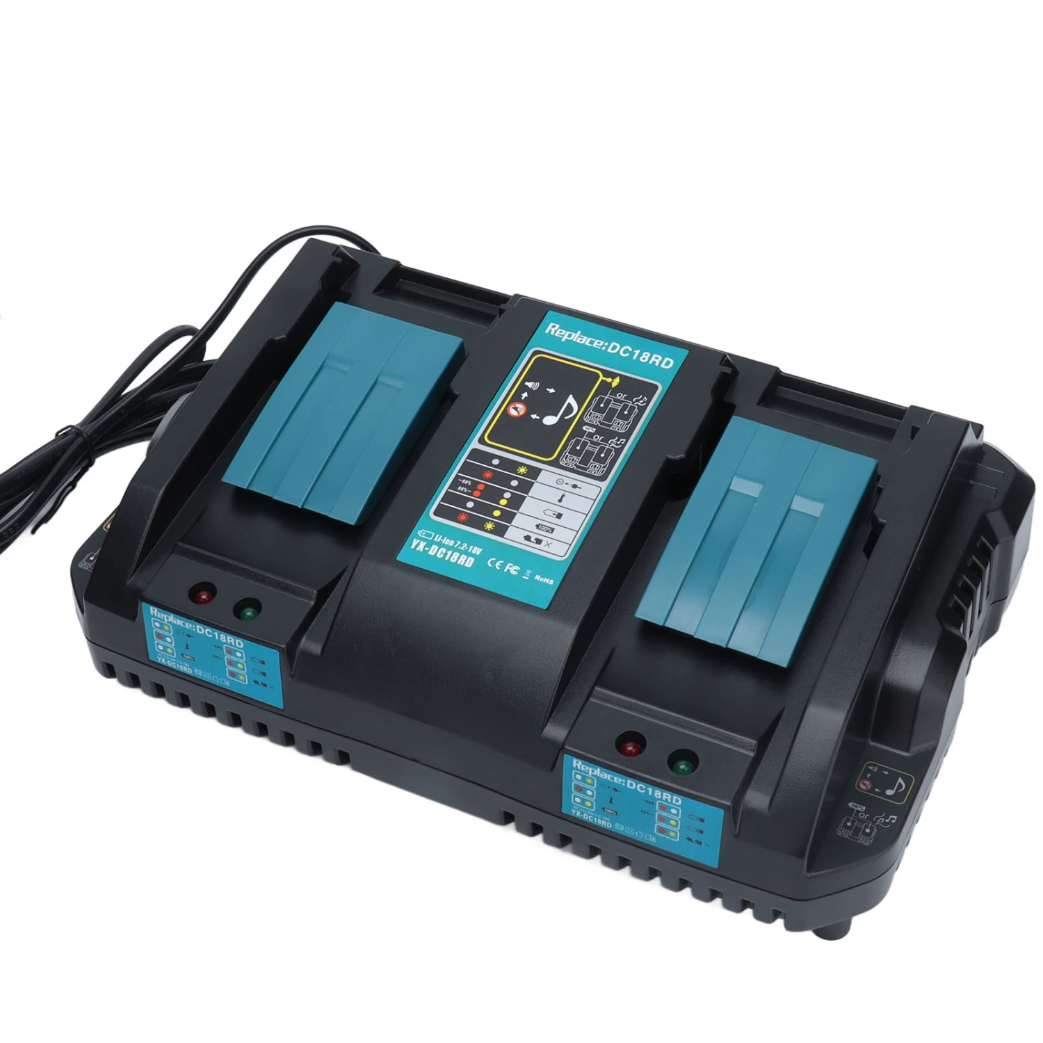 18V Dual Port Lithium Battery Charger Fast Charger Replacement for DC18RD Li Ion Battery 100-240VUS Plug 110‑220V