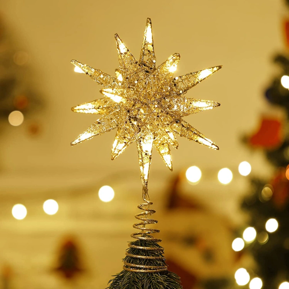 Christmas Star Tree Topper 3D Geometric Star Decorative LED Lights Battery Operated Beautiful Star Lighting with Springy Base for Holiday Xmas