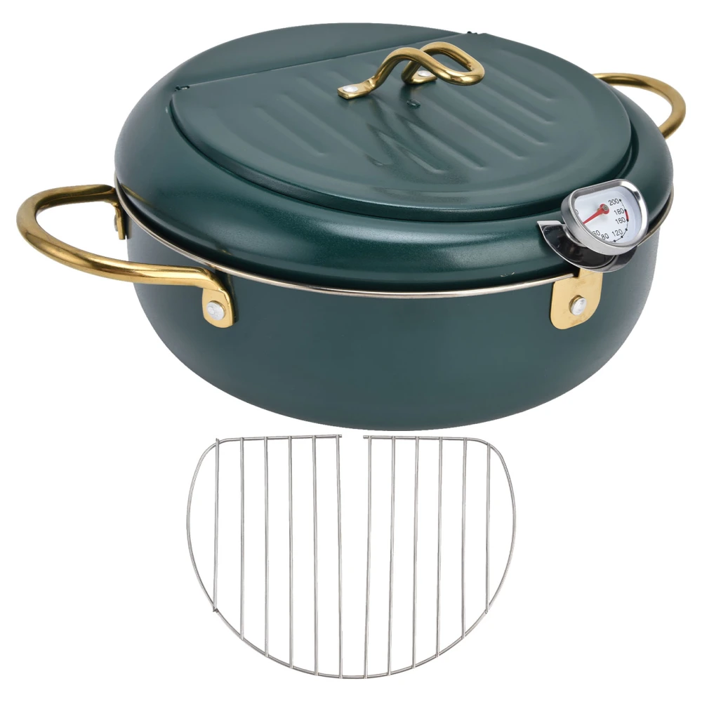 304 Stainless Steel Frying Pot Temperature Controllable Mini Cooking Fryer with Thermometer for KitchenBlack Green 304 Stainless Steel 24cm / 9.4in