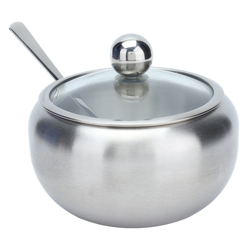 Sugar Bowl Stainless Steel Clear Lid Glossy Inbuilt Spoon Durable Rustproof Oxidation Resistance Sugar Container