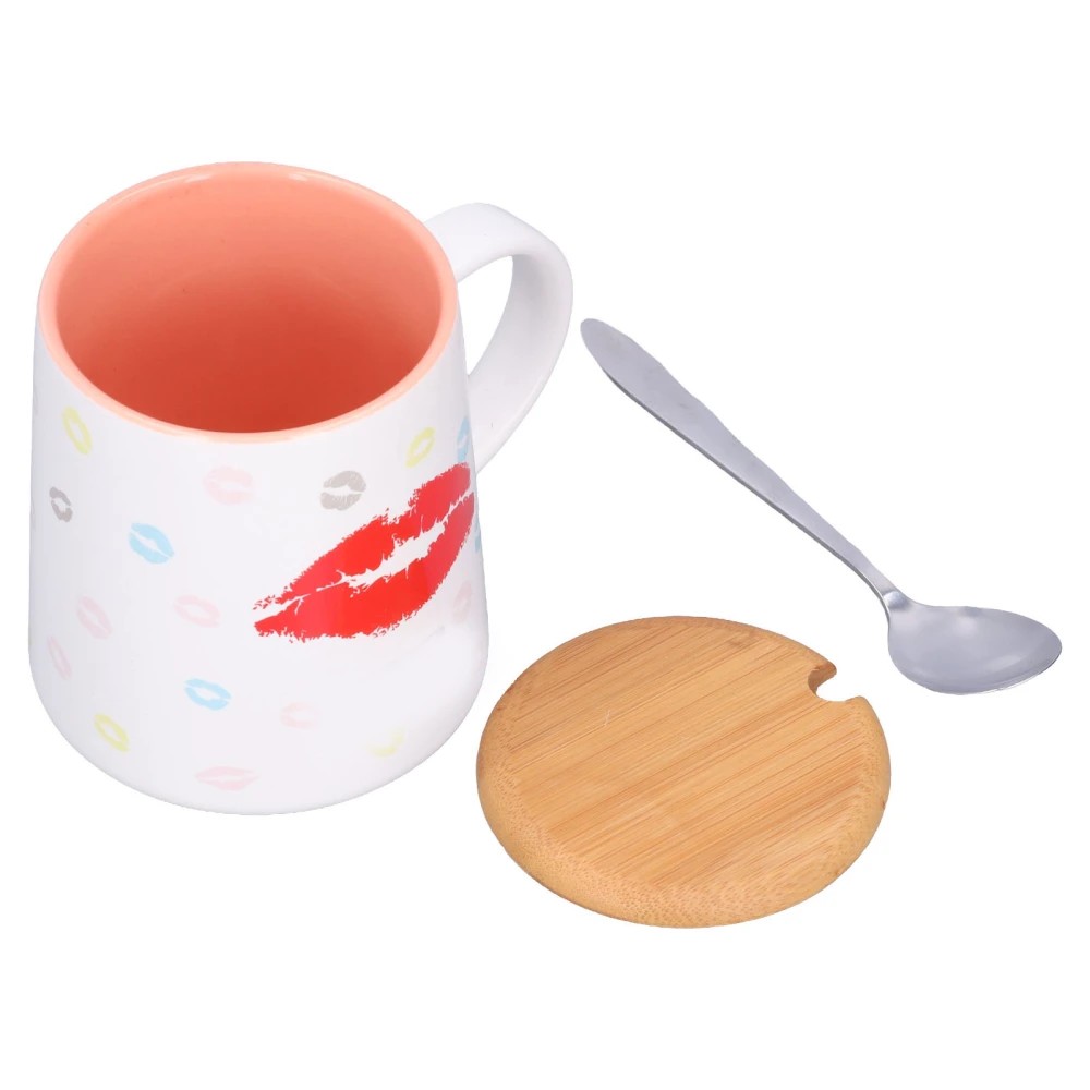 Ceramic Mug Coffee Cup 450ml Lovely Printing Tea Drinking Cup with Spoon Wood Lid for Daily Use Pink