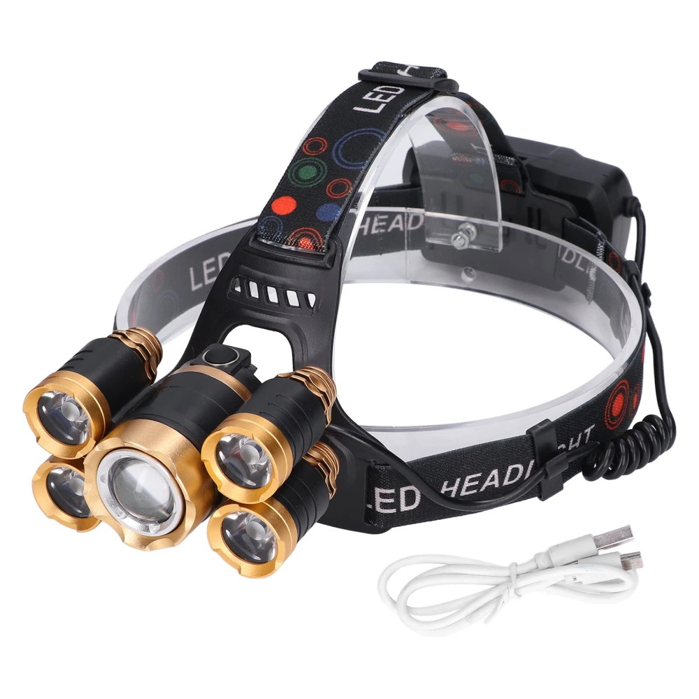 5 Head LED Headlight Outdoor USB Charging Headlamp Rotate Focusing Adjustable Head Flashlight for Hiking