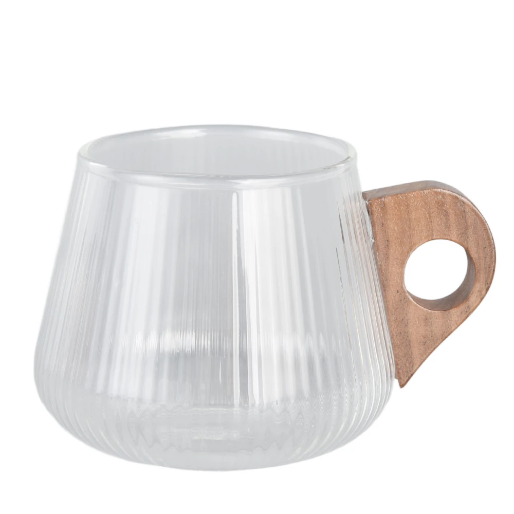 Vertical Grain Coffee Cup Travel Home Kitchen Restaurant Whiskey Coffee Glass Cup with Wooden Handle450ml