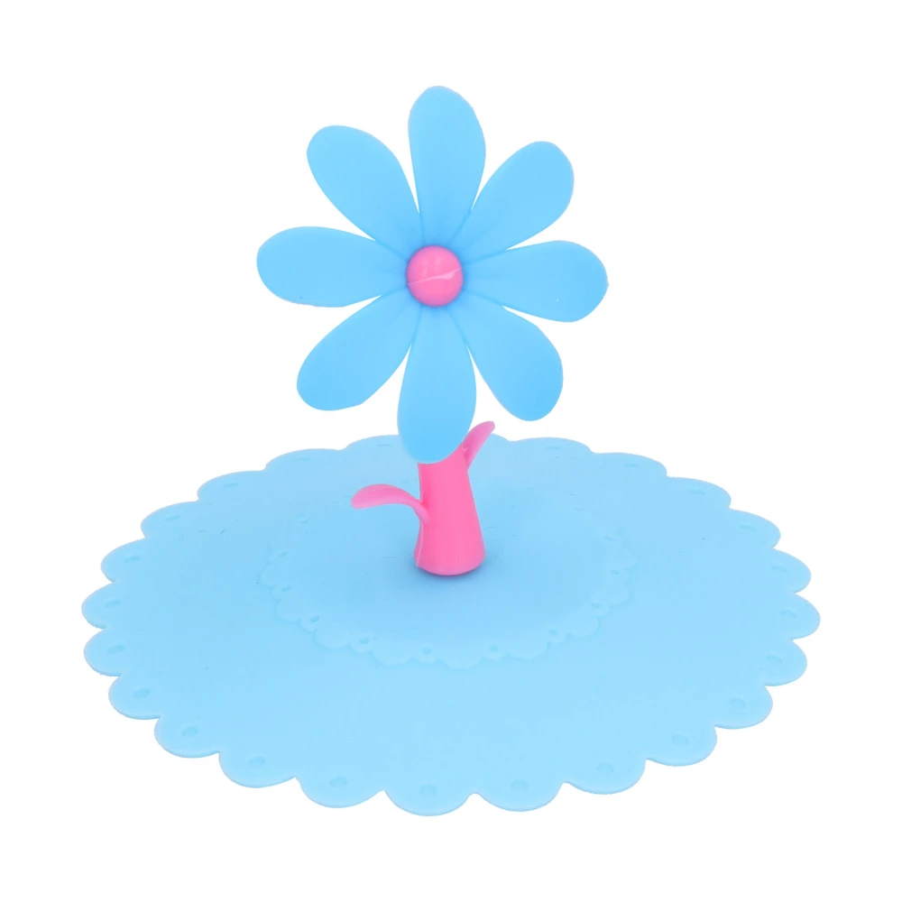 Silicone Lid Dustproof Hot and Cold Beverage Cup Cover with Flower Shape Handle for Kitchen HomeBlue