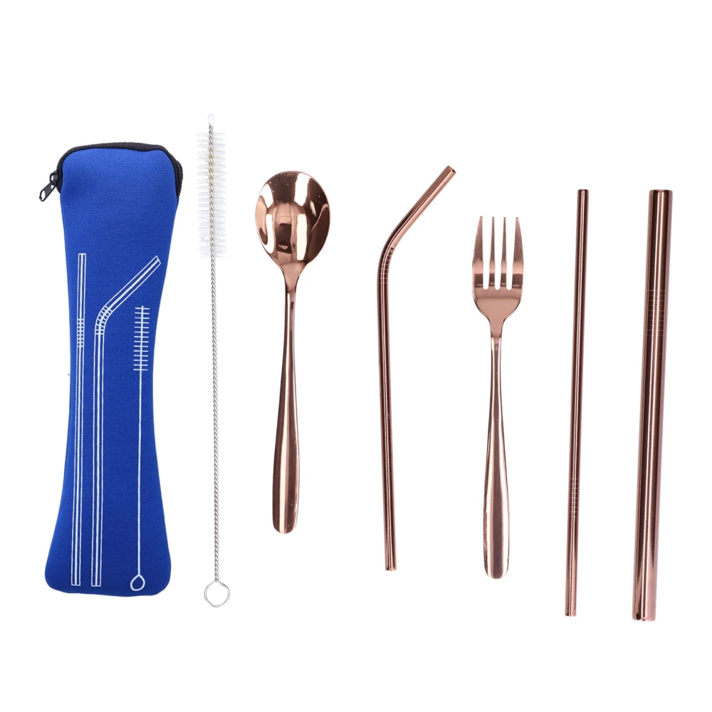 7Pcs Camping Utensil Set Stainless Steel Portable Reusable Straw Fork Spoon for Outdoor Travel CampingRose Gold (Blue Storage Bag)