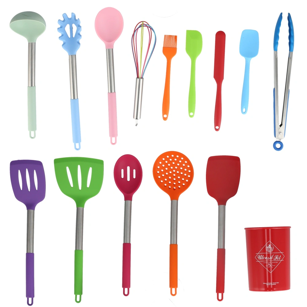 15PCs set Silicone Cooking Utensils with Stainless Steel Handle Silicone Cooking Tools Kitchen Tools Set(Red Bucket Colorful Kitchenware )