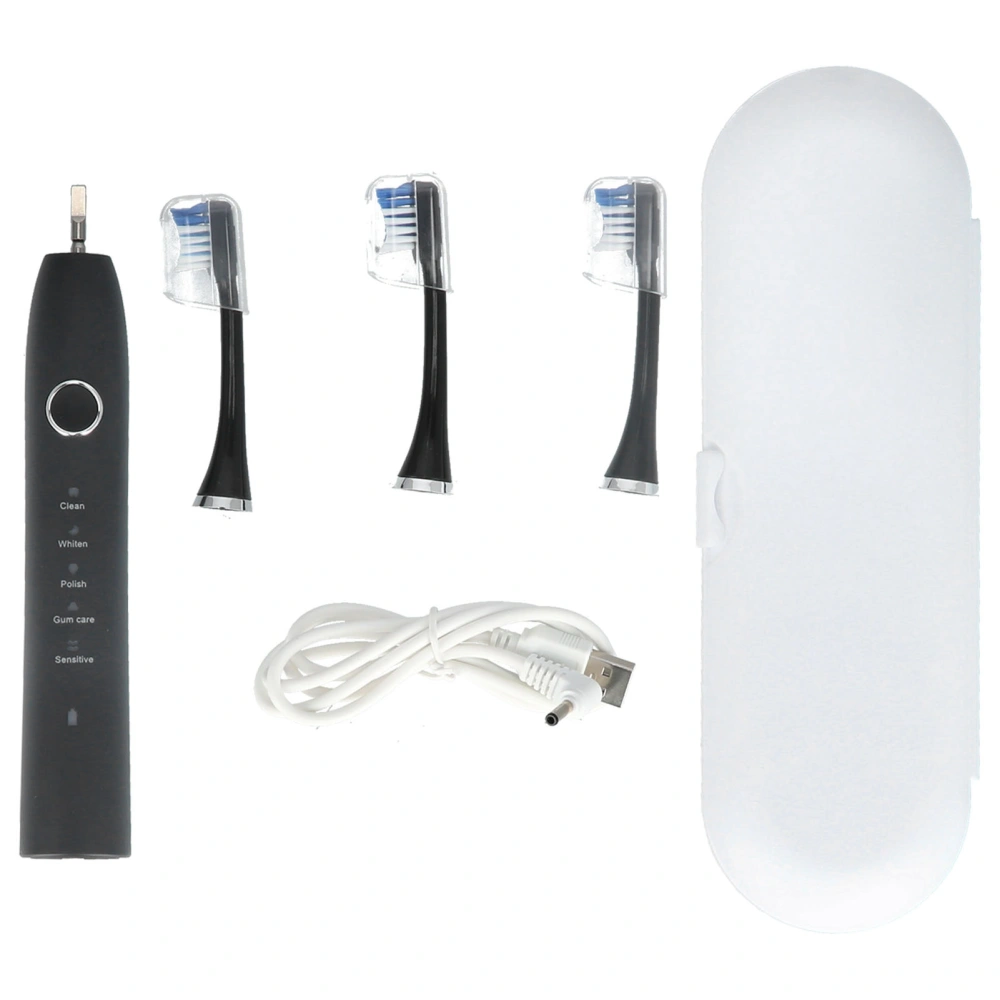 Portable Electric Toothbrush Set with 3 Heads 5V USB Charging Oral Tooth Cleaning Tool for AdultsBlack