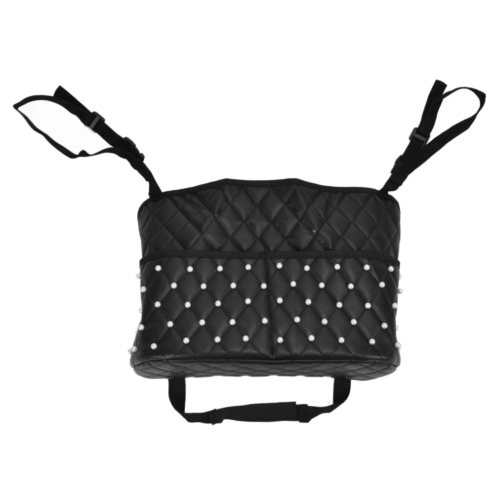 PU Leather Car Net Handbag with Faux Pearl Large Capacity Comfortable Car Storage Bag for Car Home Bedroom