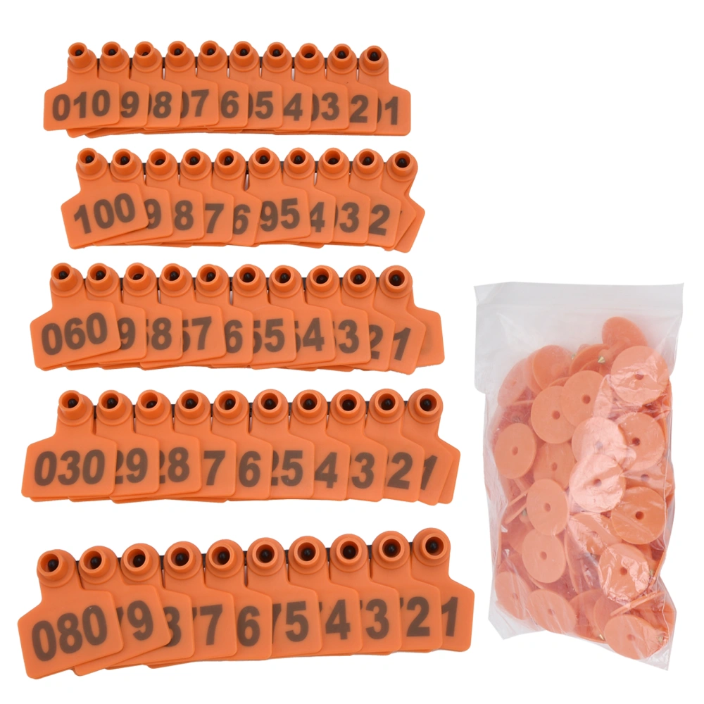 100Pcs TPU Pig Cow Ear Tag with Number 001‑100 Ear Label Tag Farm Livestock AccessoryOrange