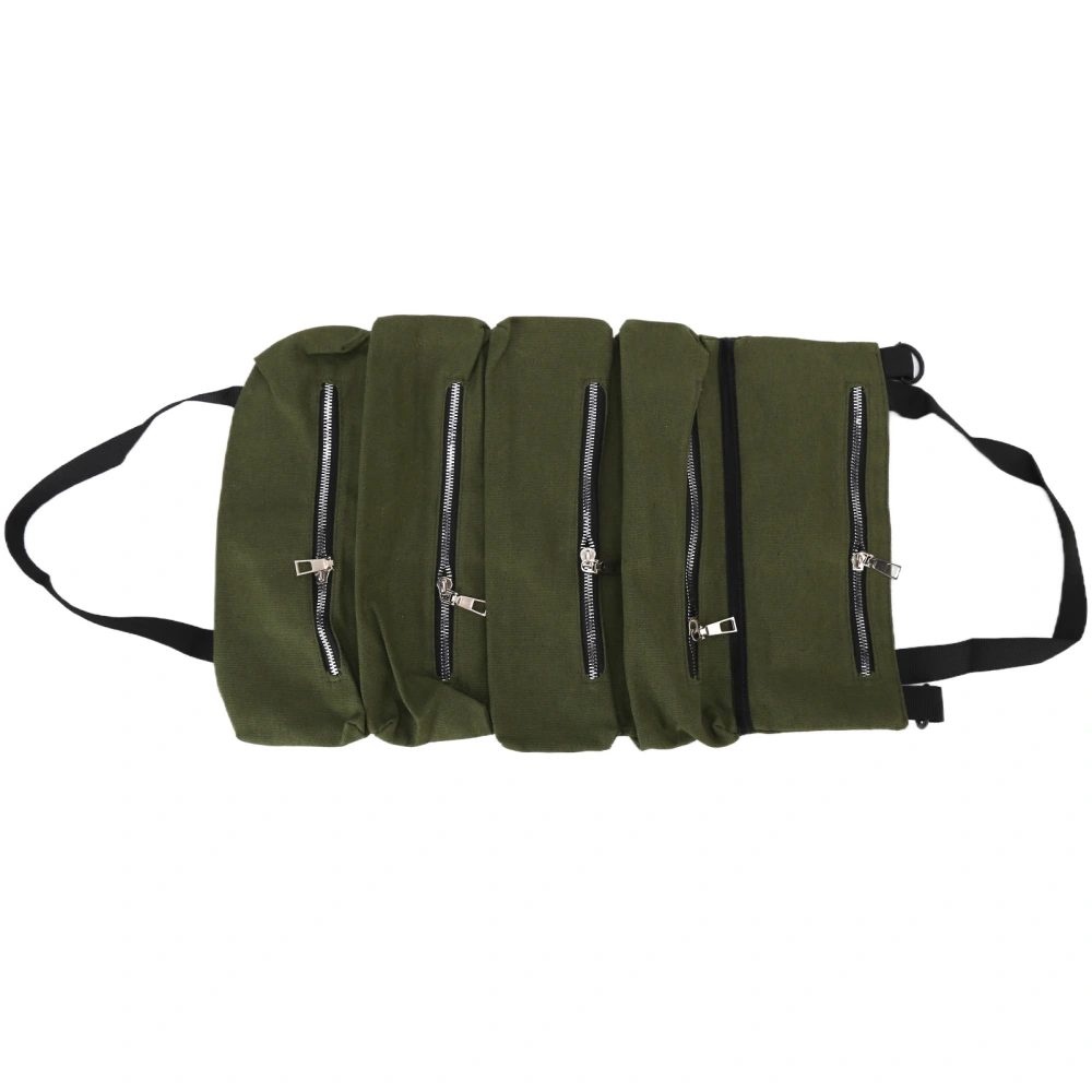 Tool Storage Bag Canvas Foldable Zipper Design Lightweight and Durable High Capacity Tool Roll Up Bag with StrapsGreen