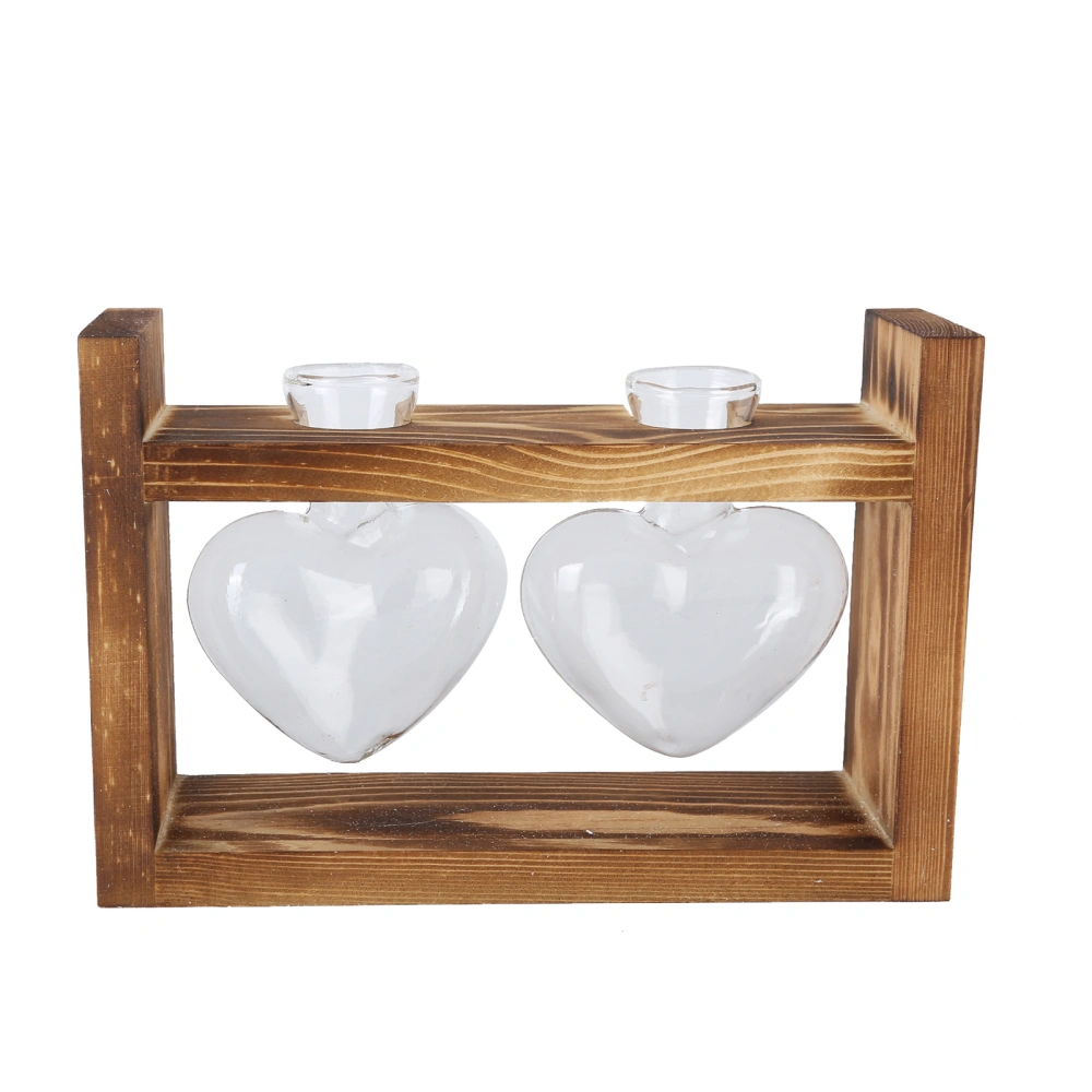 Innovative Flower Pot with Vintage Wooden Frame Transparent Tabletop Vase Home Decoration(2 HeartShaped Bottles )