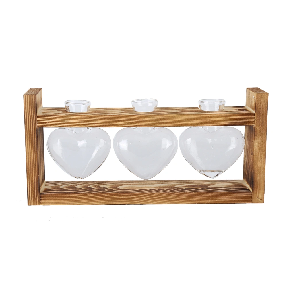 Innovative Flower Pot with Vintage Wooden Frame Transparent Tabletop Vase Home Decoration(3 HeartShaped Bottles )