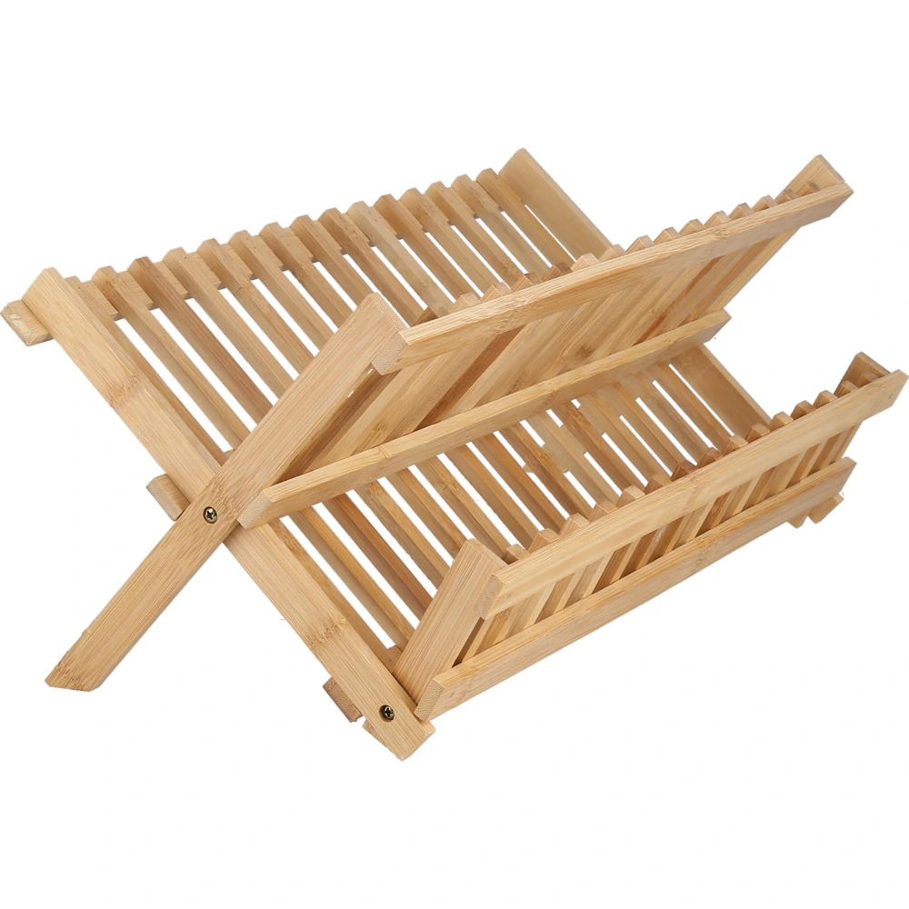 16 Grid 2 Tier Dish Rack Bamboo Collapsible Dish Drying Rack Drainer Rack for Kitchen