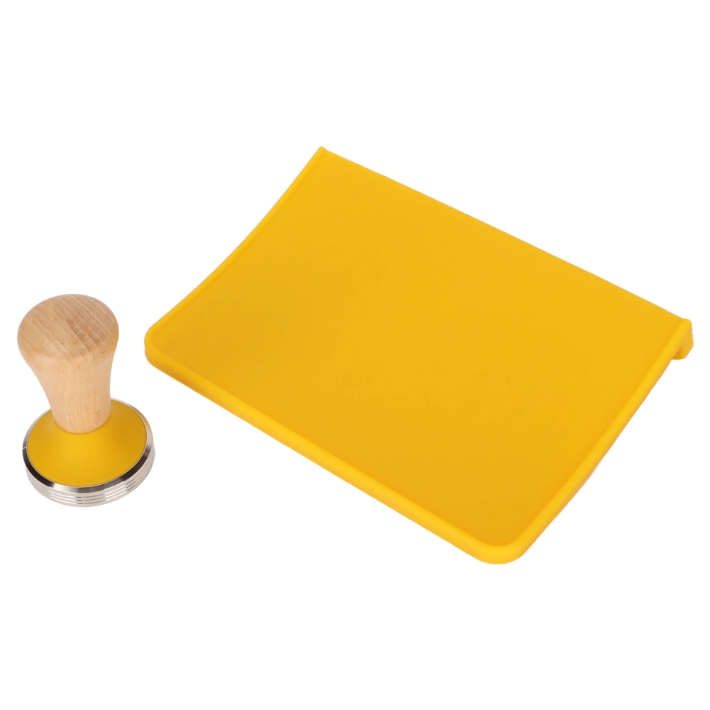 2Pcs Tamping Mat Silicone Coffee Pad with Beech Handle Tamper Set Kit for Home Office Yellow 58mm / 2.28in Tamper