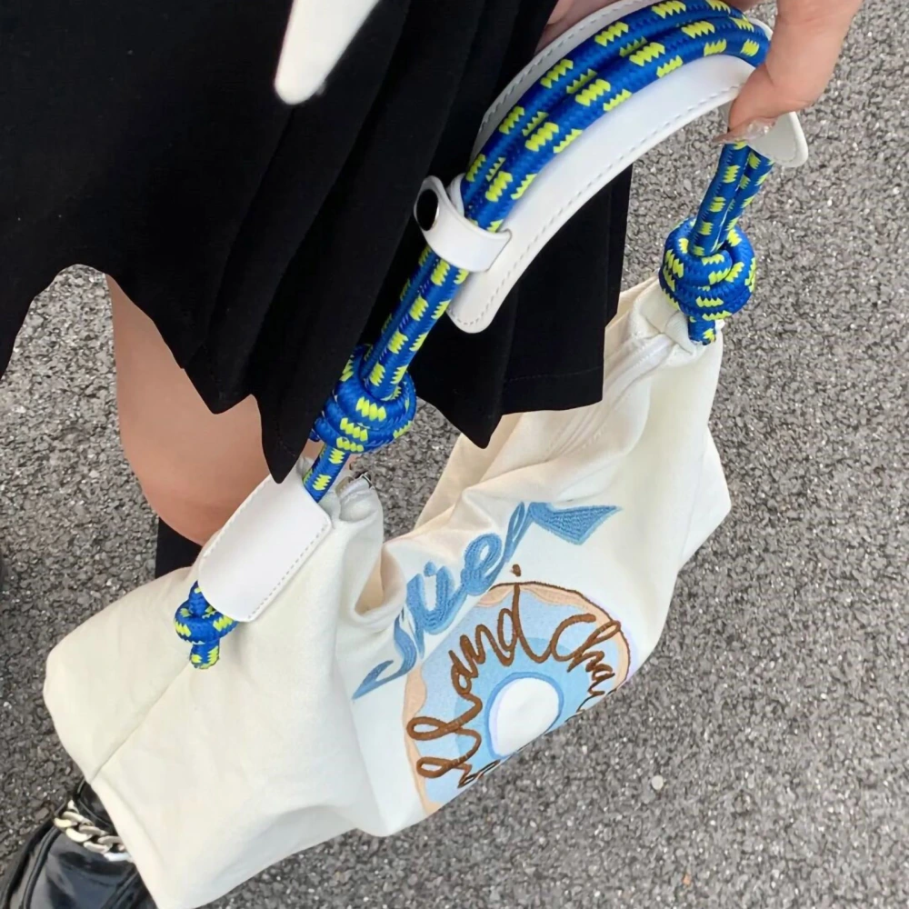 Large Capacity Canvas Bags Hand Embroidered Underarm Bag Versatile Women Tote Bag for Shopping Blue