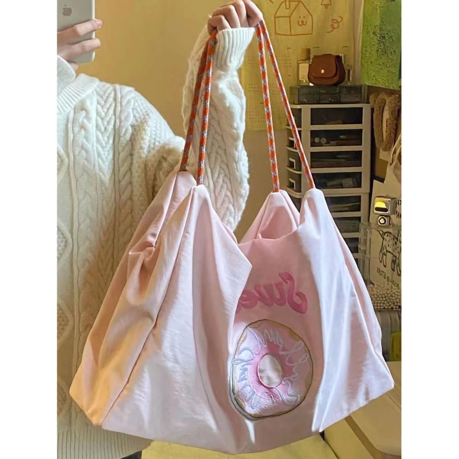 Spring Summer Embroidery Eco Single Shoulder Bag Double Layer Thickening Tote Bag Nylon Braided Shoulder Handbag with Zipper Pink