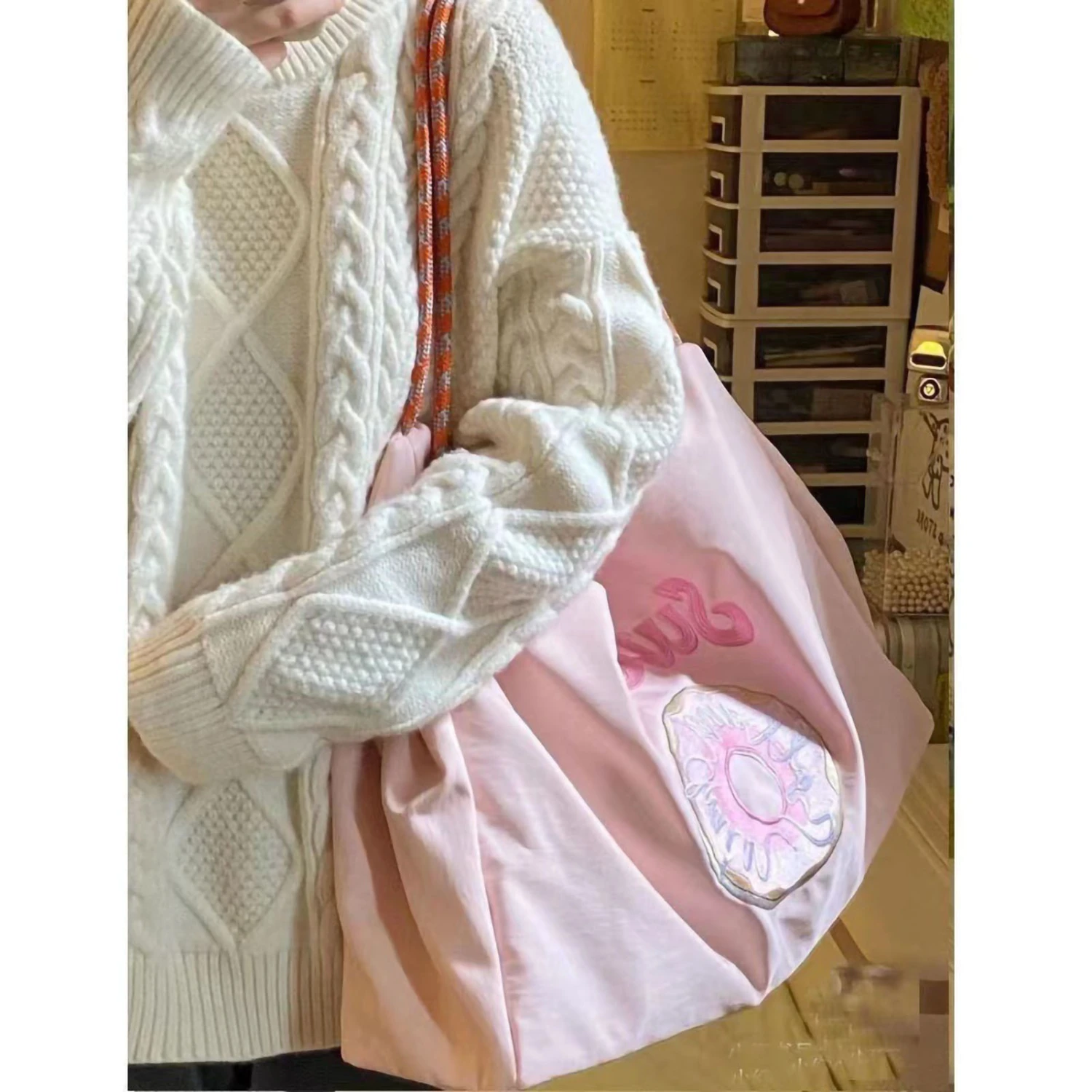 Spring Summer Embroidery Eco Single Shoulder Bag Double Layer Thickening Tote Bag Nylon Braided Shoulder Handbag with Zipper Pink