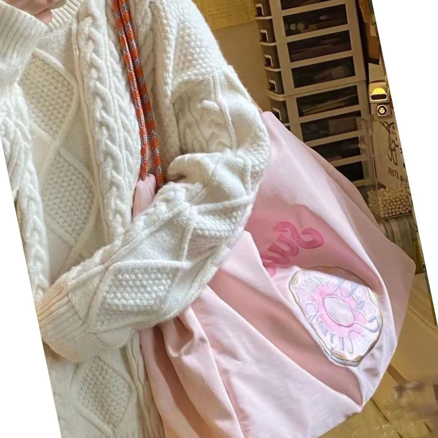 Spring Summer Embroidery Eco Single Shoulder Bag Double Layer Thickening Tote Bag Nylon Braided Shoulder Handbag with Zipper Pink