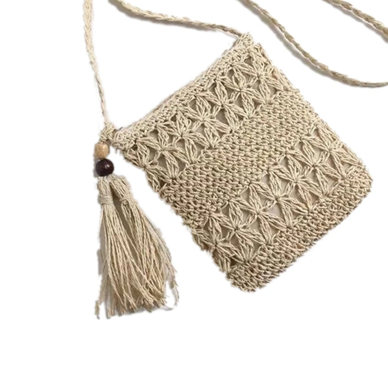 Straw Satchel Weave Bag Hand Knitting Square Shape Tassels Woven Bag for Beach Dating Beige