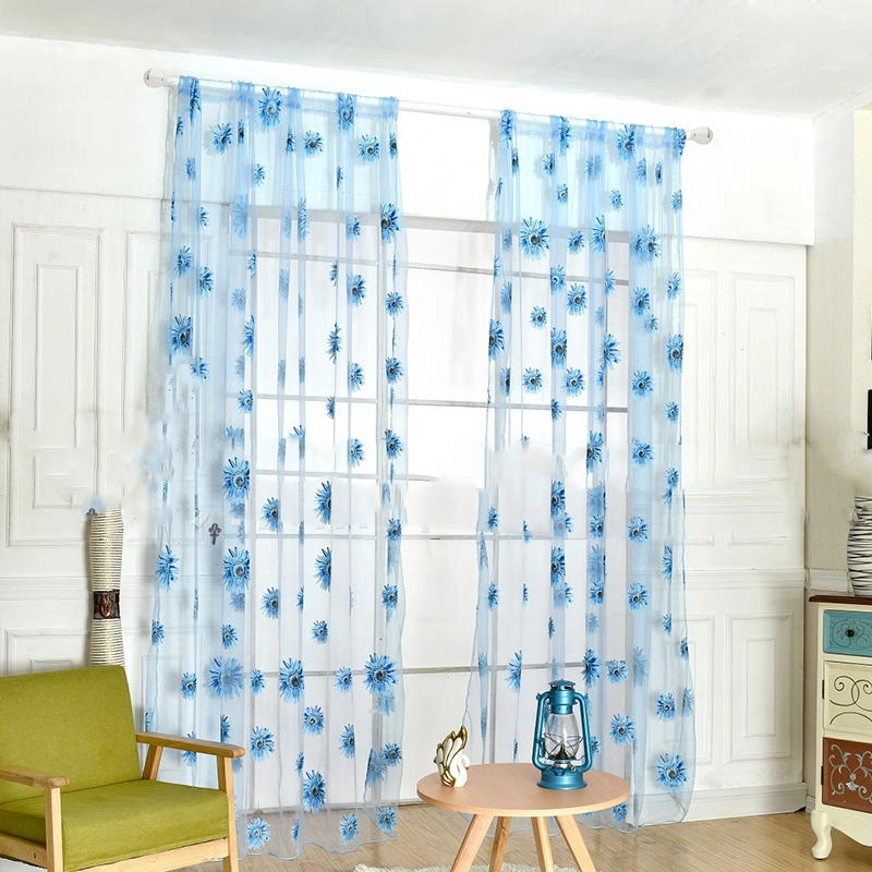 Sunflower Pattern Curtain Home Decoration Polyester Fibre Window Tulle Curtain Flower Organza Curtain Blue 100x200cm/39.37x78.74in