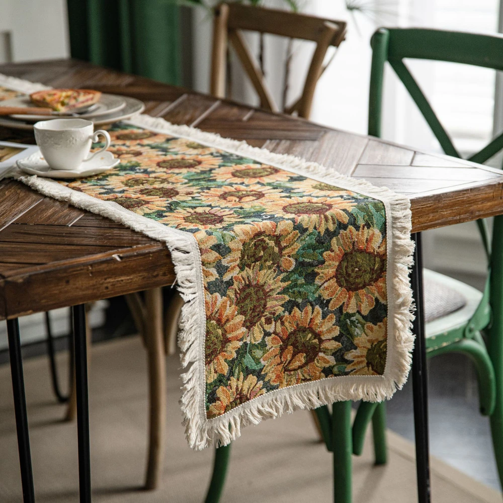 Jute Table Runner Jacquard Sunflower Pattern American Style with Tassels Table Runner Decoration for Party Yellow Sunflower 30x120cm/11.8x47.2in