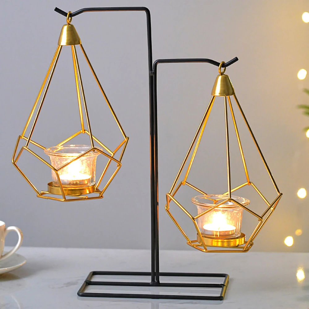 Metal Candle Holder Modern Decorative Romantic Lantern Candle Holder Frame for Living Room Hotel Restaurant Double Hanging Basket Model