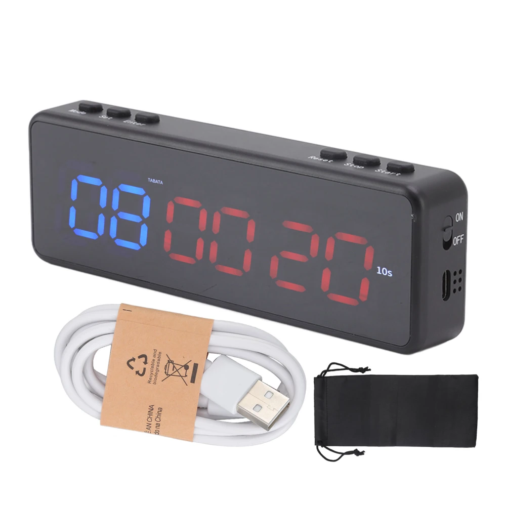 Portable Gym Timer Multifunction USB Charging LED Display Interval Timer for Home Gym Blue and Red