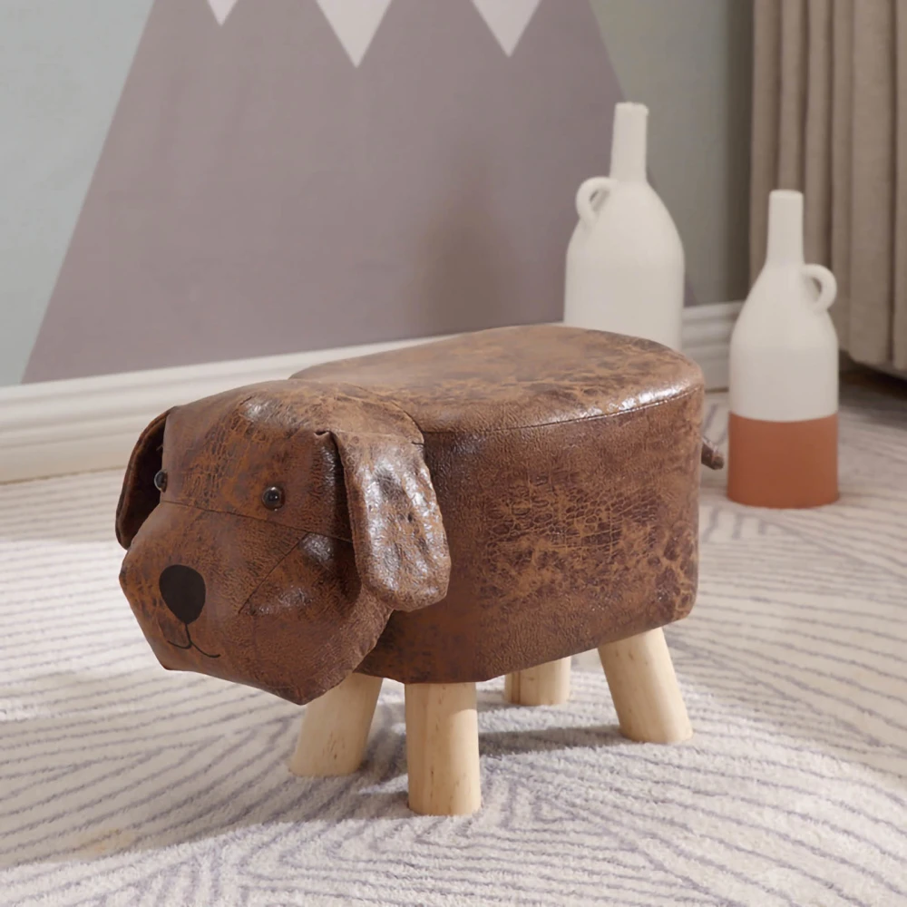 Children Wooden Low Stools Cute Cartoon Children Stool Small Dog Shape Stool for Home Kindergarten Brown