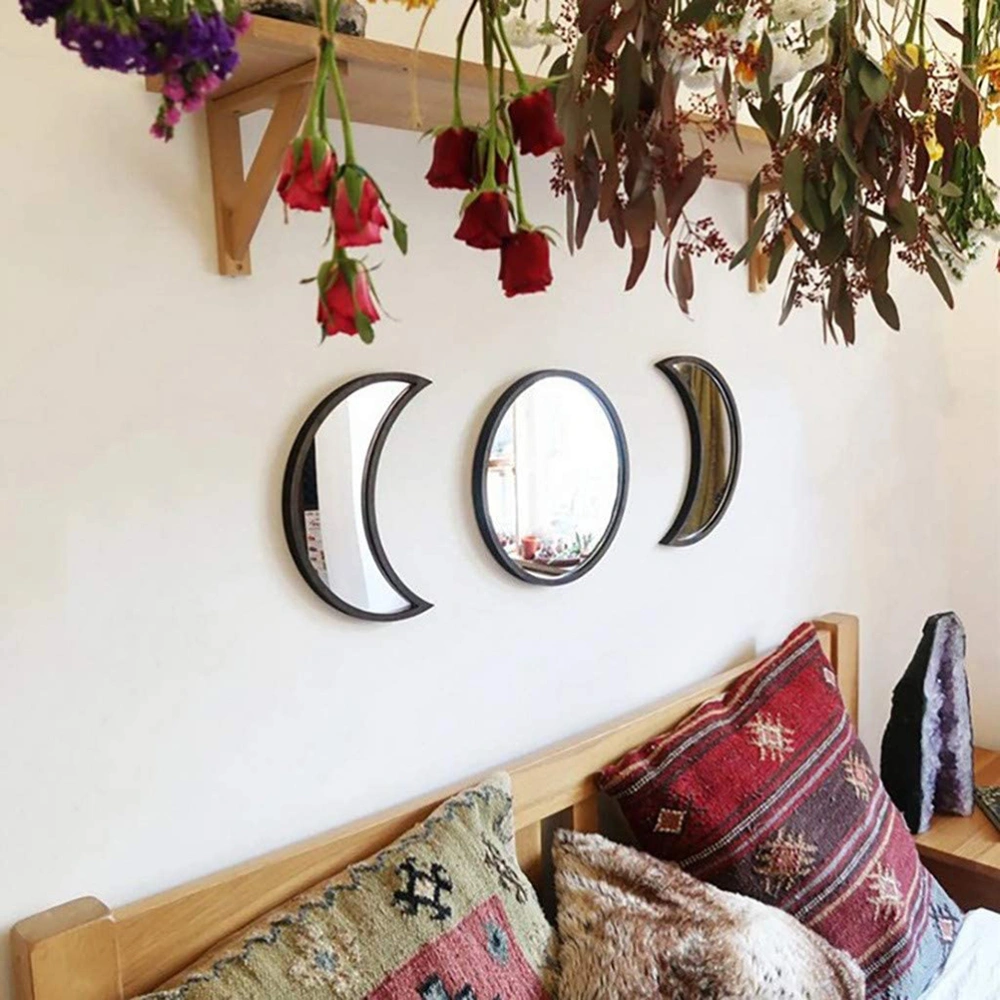 3 pcs Natural Decor Acrylic Moonphase Mirrors Home Interior Design Wooden Moon Phase Mirror Bohemian Wall Decoration