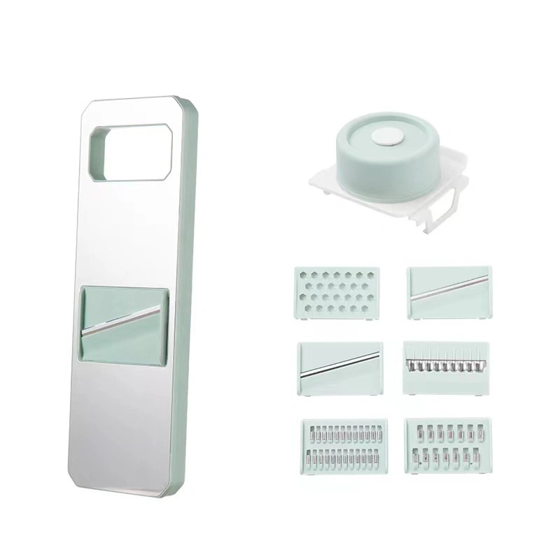 Multifunctional Vegetable Cutter Stainless Steel Household Manual Vegetable Chopper for Kitchen Mint Green, 6 Blades (Anti Slip Pad, Hand Protector)