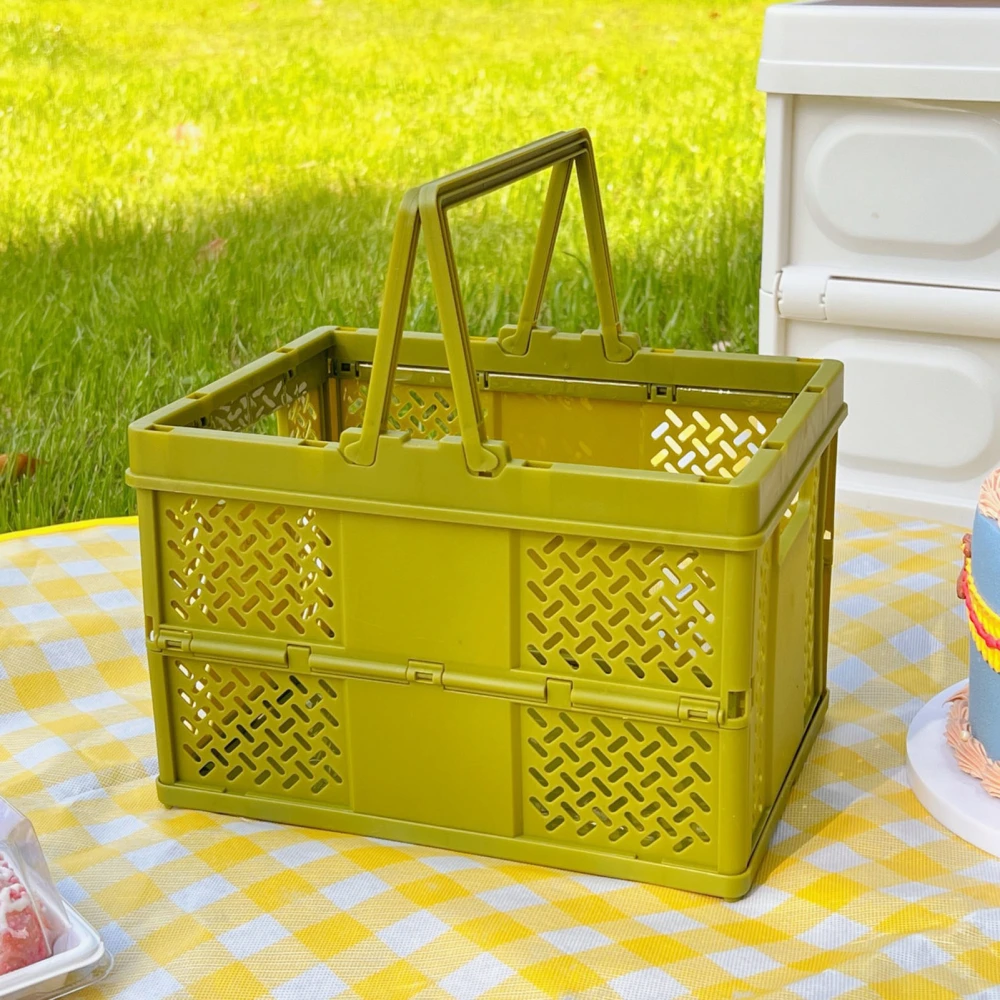 Folding Picnic Basket Stackable Storage Box Plastic Grocery Shopping Basket with Handles for Outdoor Home Olive Green