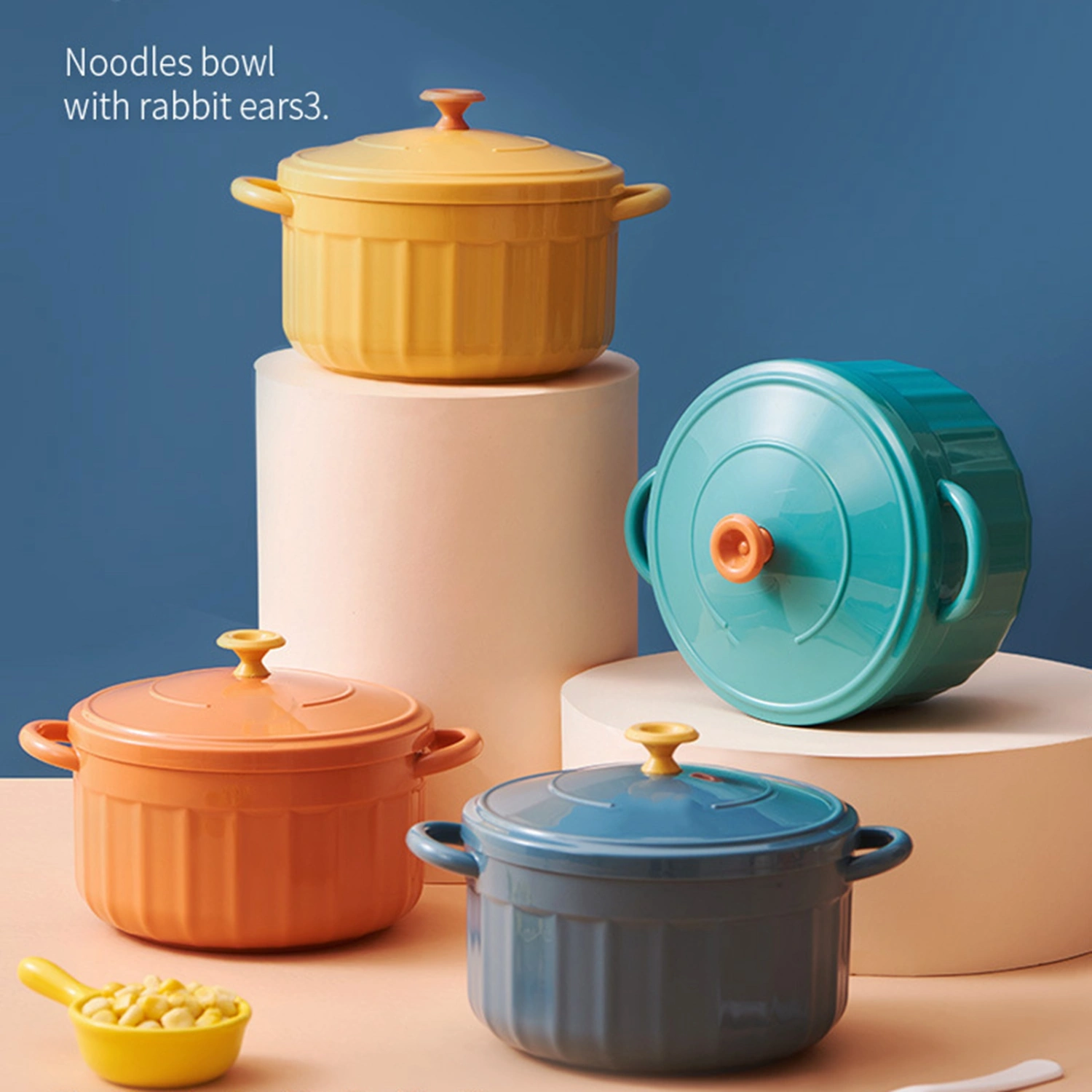 Noodles Bowl with Lid Binaural Noodles Bowl Home Dorm Student Covered Bowl Large Sapphire Blue