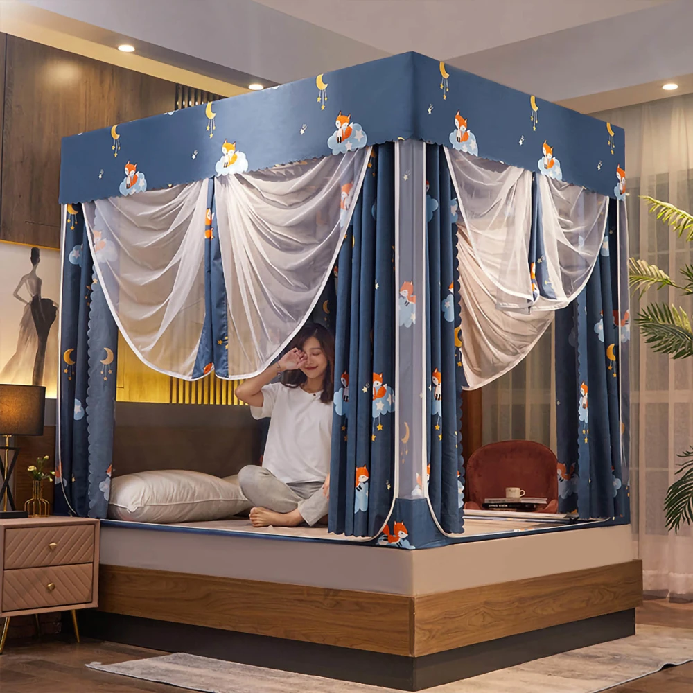 Four Corner Post Canopy Bed Curtains with U Shaped Mosquito Net Lightproof Zipper 3 Door Stainless Steel Bracket Star Sky 2.0x2.2m / 78.7x86.6in