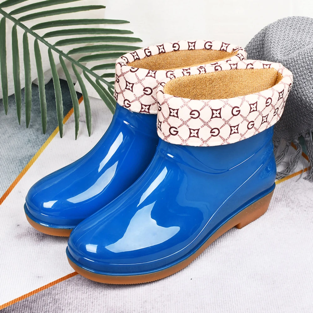 Womens Rain Boots Fashion Antiskid Short Rain Boot Round Head Radian PVC Plastic Rain Boots Blue Padded 40